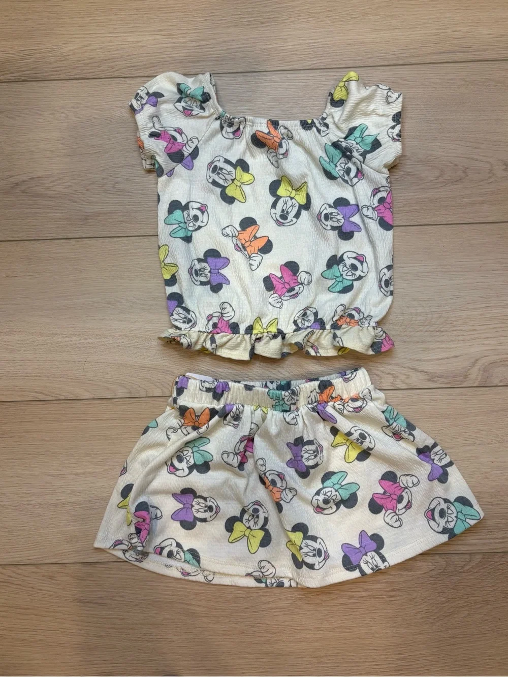 Disney Girls Cream Top and Skirt Set with Multicolor Minnie Bow Print